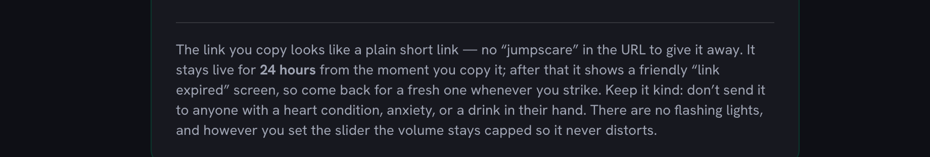 The note under the builder explaining that the copied link stays live for 24 hours and then shows a link-expired screen