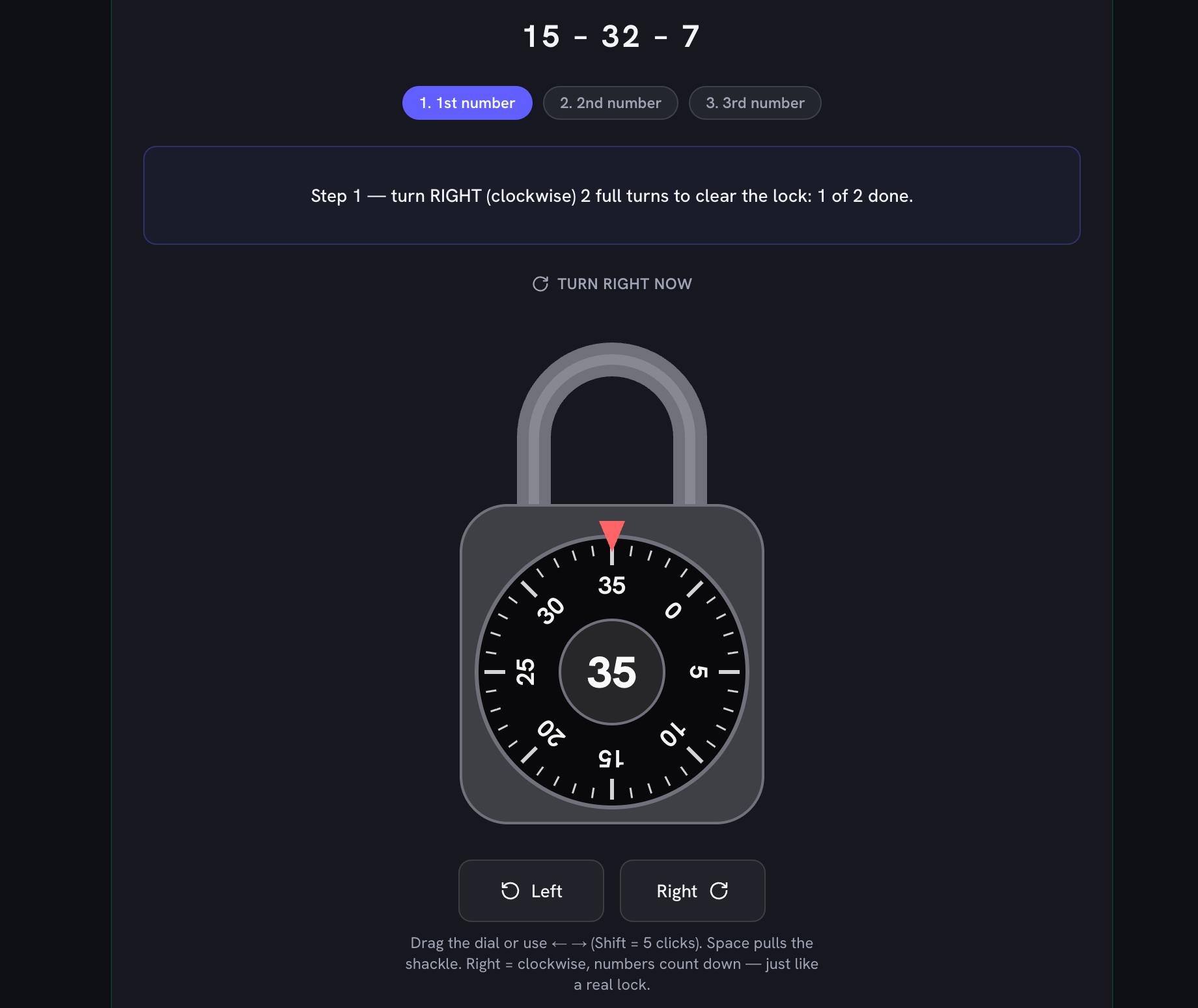The virtual padlock part-way through its clearing turns, with the guided banner counting one of two full turns done
