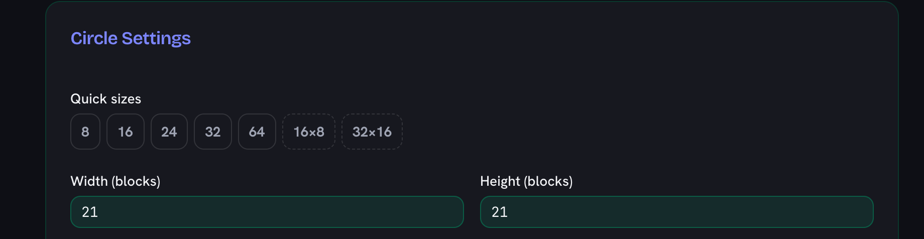 The circle settings with the width and height boxes both set to 21 blocks, above the quick-size buttons