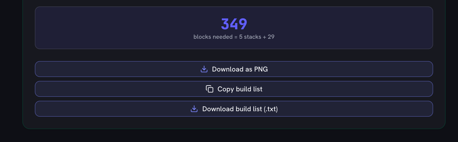 The live block count reading 349 blocks with its inventory-stack breakdown, above the download and copy-build-list buttons