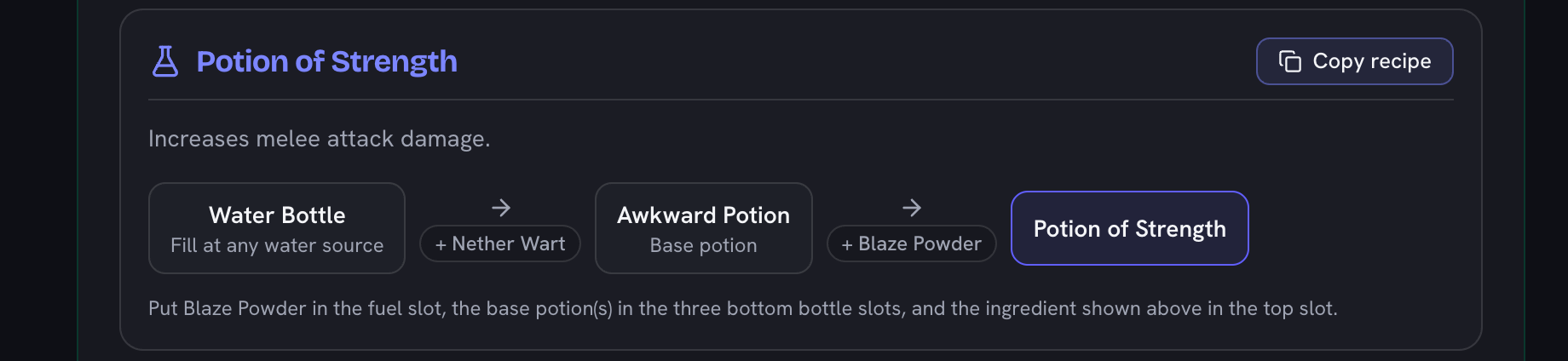 The brewing path the chart draws for a Potion of Strength: a Water Bottle you fill at any water source, plus Nether Wart for an Awkward Potion, plus Blaze Powder for the finished Potion of Strength, with the reminder that Blaze Powder also goes in the fuel slot and the bottles in the three bottom slots