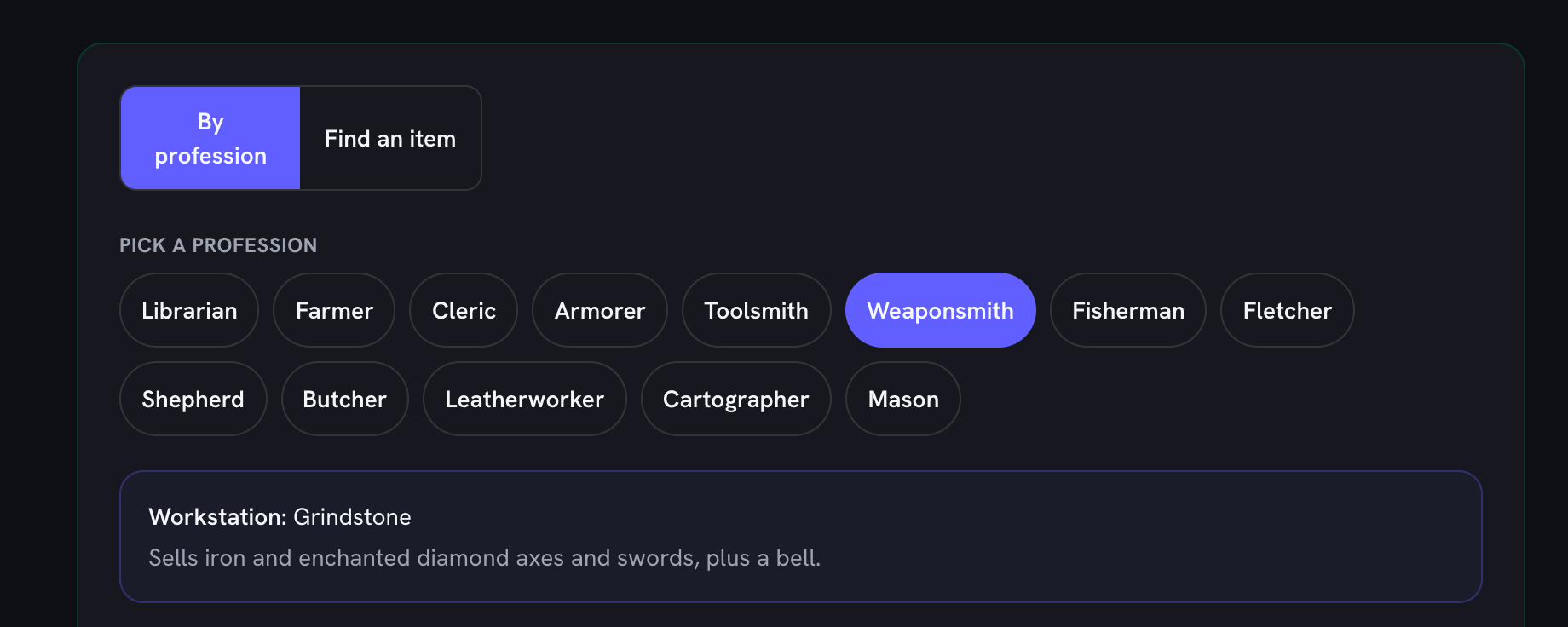 The chart set to “By profession” with thirteen job chips — librarian, farmer, cleric, armorer, toolsmith, weaponsmith, fisherman, fletcher, shepherd, butcher, leatherworker, cartographer and mason — and weaponsmith selected, so the panel below reads “Workstation: Grindstone”