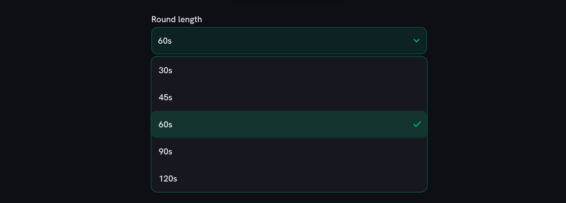 The Round length dropdown open under the timer, offering 30s, 45s, 60s (ticked), 90s and 120s