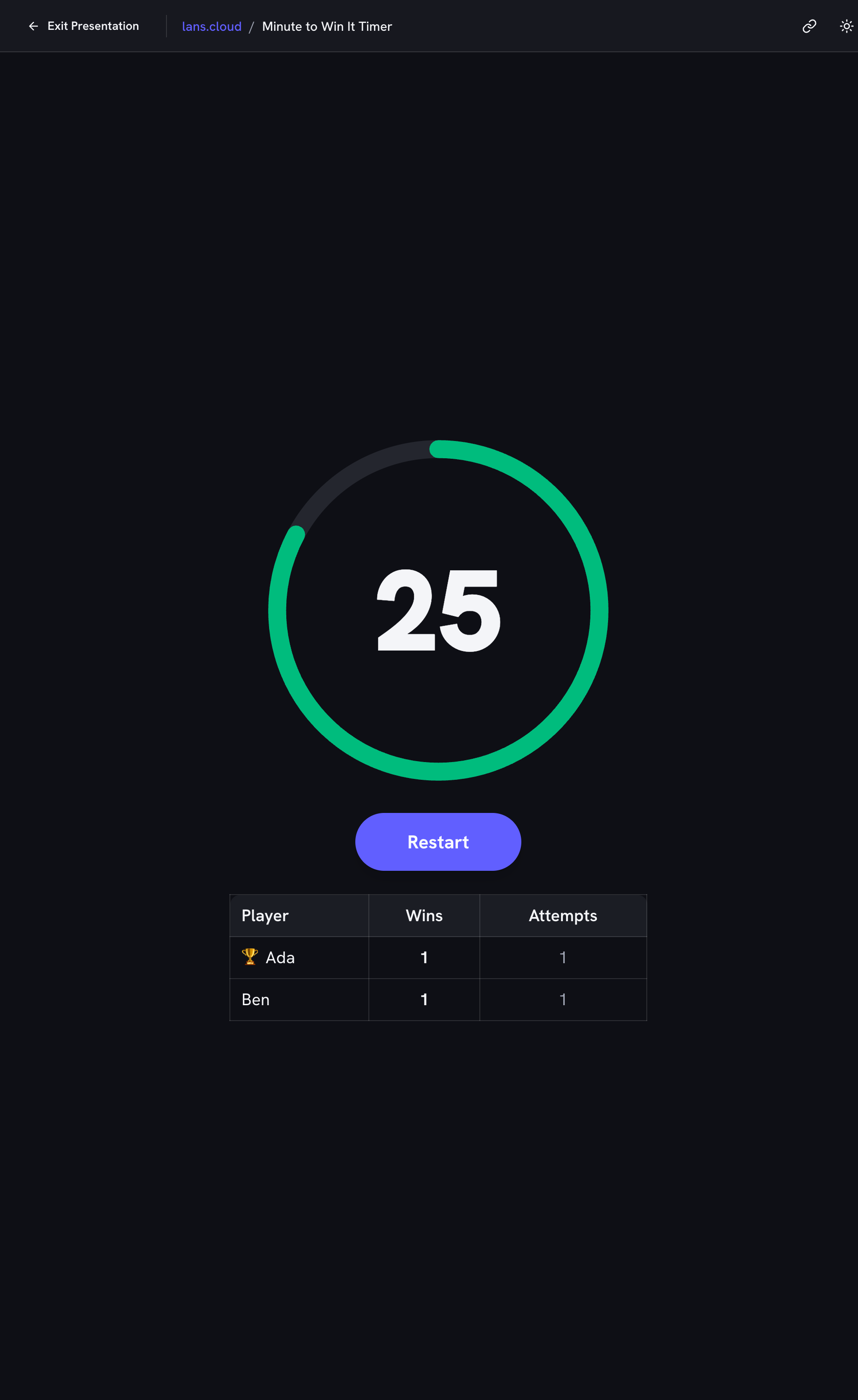 The timer in ad-free presentation mode: an Exit Presentation bar across the top, a round running at 25 seconds on a screen-sized ring, and the standings table underneath with Ada and Ben on one win each