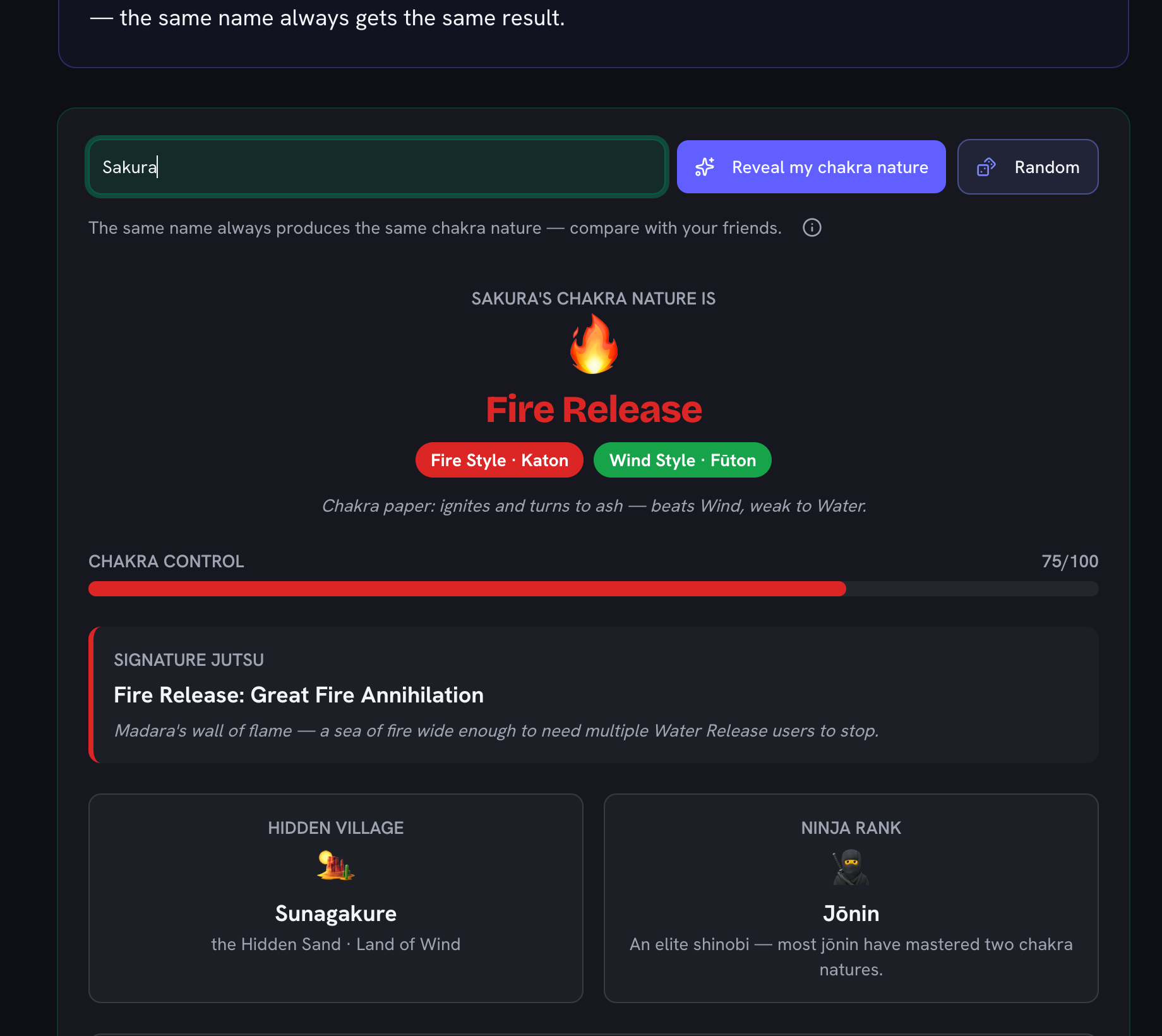 A revealed chakra nature for the name Sakura: Fire Release with Fire and Wind style tags, a chakra control meter, the signature jutsu Great Fire Annihilation, the hidden village Sunagakure and the rank Jonin
