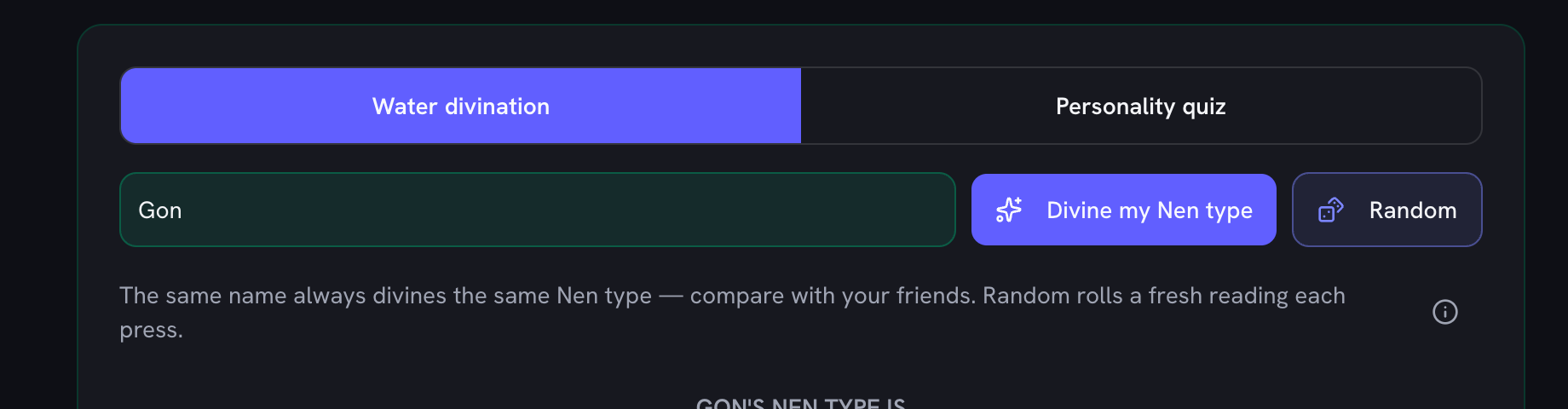 The Nen type generator with Water divination and Personality quiz tabs above the name box
