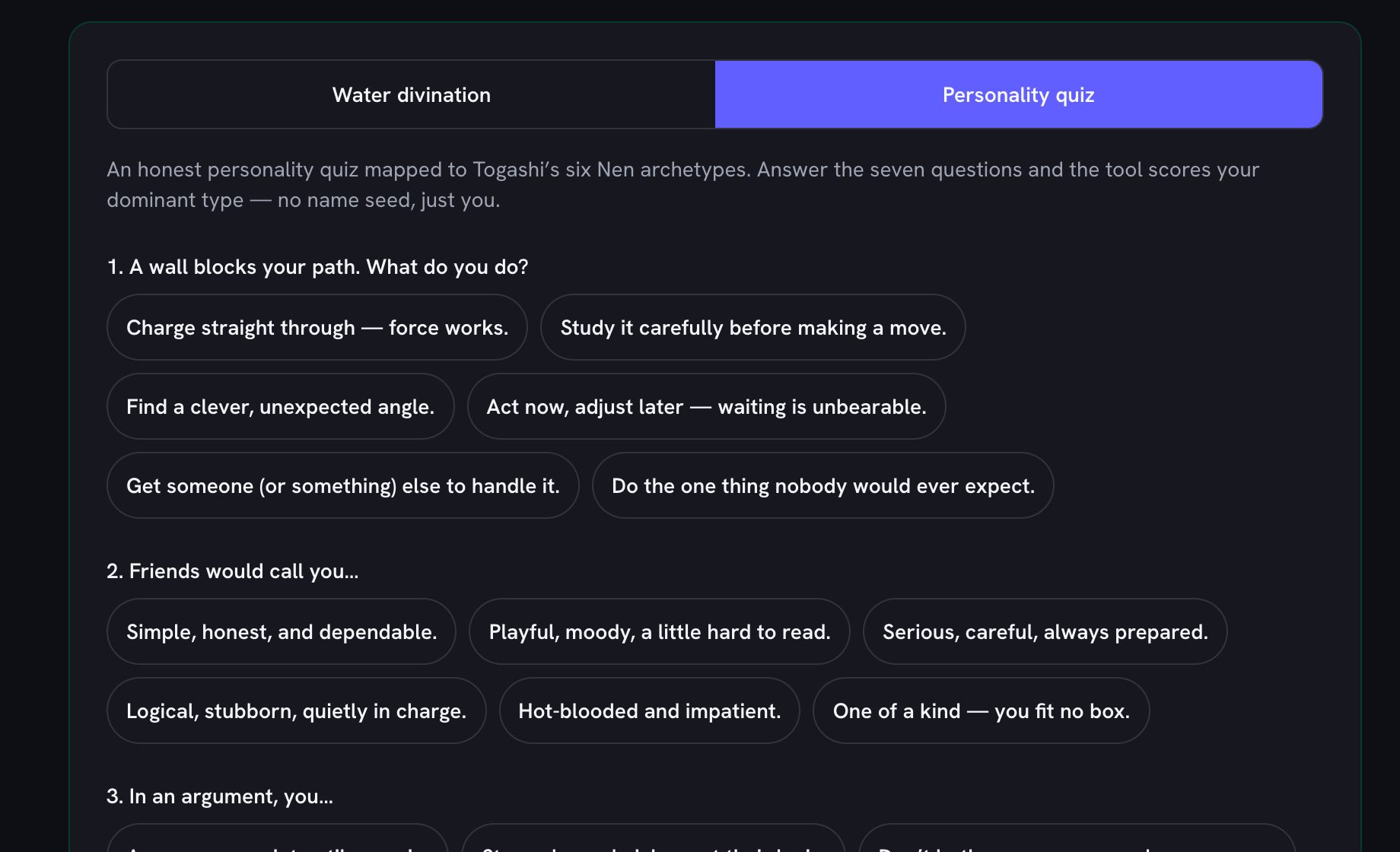 The personality quiz mode open, showing the first questions and their tappable answer chips