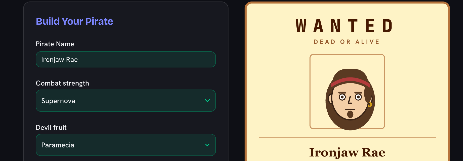 A pirate name typed into the builder, with the wanted poster beside it already carrying that name under the drawn portrait