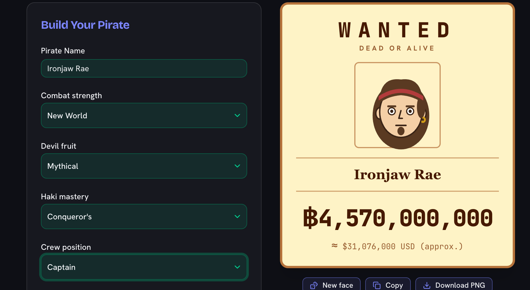 The finished build and its wanted poster: the drawn portrait, the pirate name and a bounty of 4,570,000,000 berries, with the download button underneath