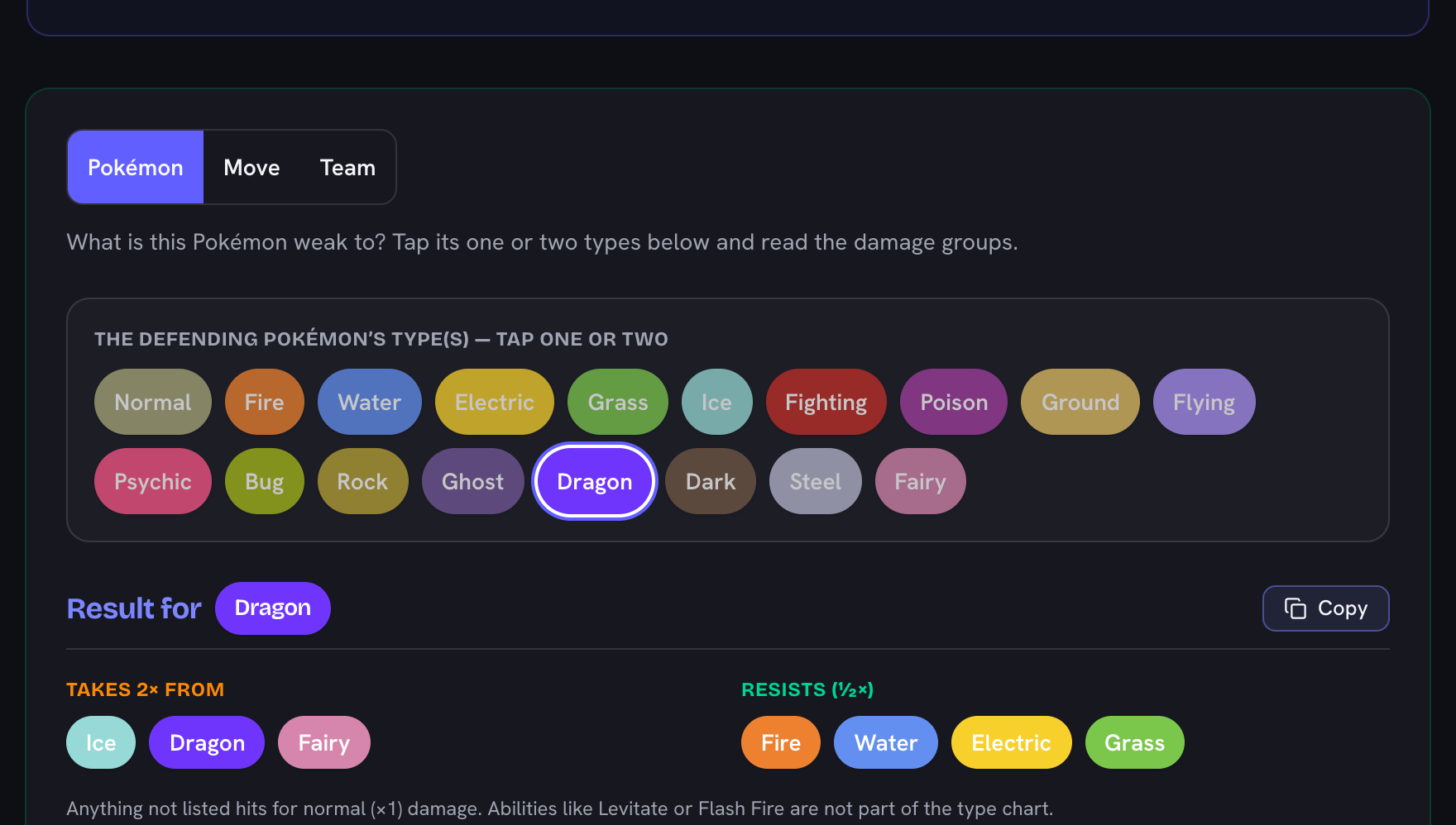 The Pokémon weakness calculator with a single Dragon type selected, listing the types it takes ×2 damage from and the types it resists at ×½