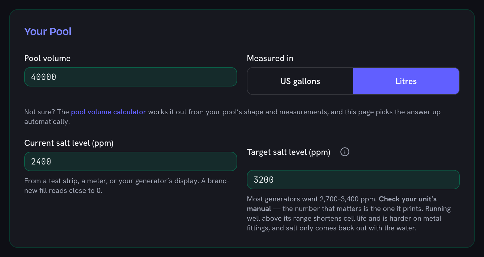 The salt calculator with a 40,000 litre pool volume entered and the units switched to litres