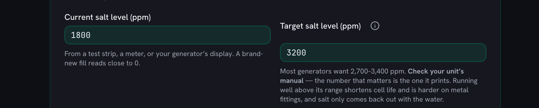 A measured reading of 1,800 ppm typed into the current salt level box, taken from a strip, a meter or the generator display