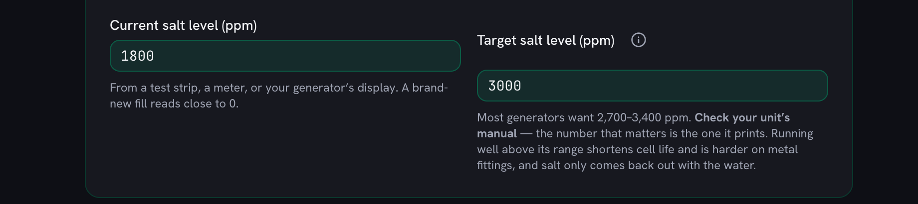 The target salt level set to 3,000 ppm, inside the 2,700 to 3,400 ppm range most generators ask for