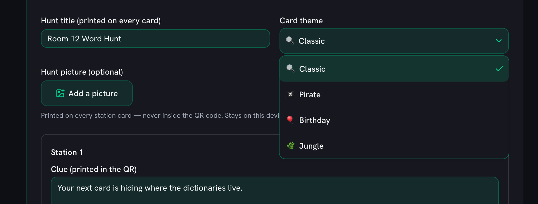 The Card theme dropdown open beside the hunt title, offering Classic (ticked), Pirate, Birthday and Jungle