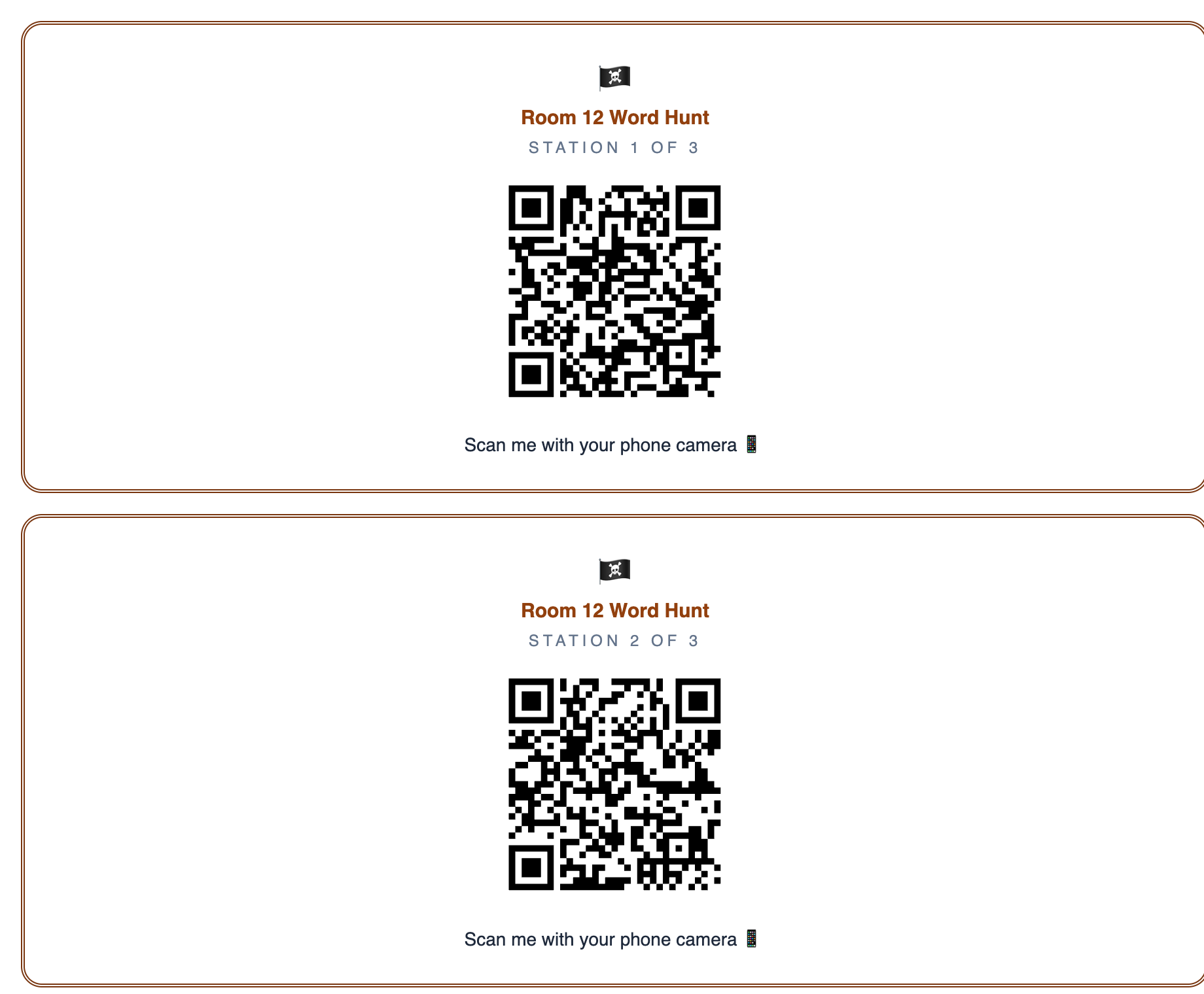 The printout: two pirate-themed cards, each headed Room 12 Word Hunt with Station 1 of 3 and Station 2 of 3, a large QR code and the line Scan me with your phone camera