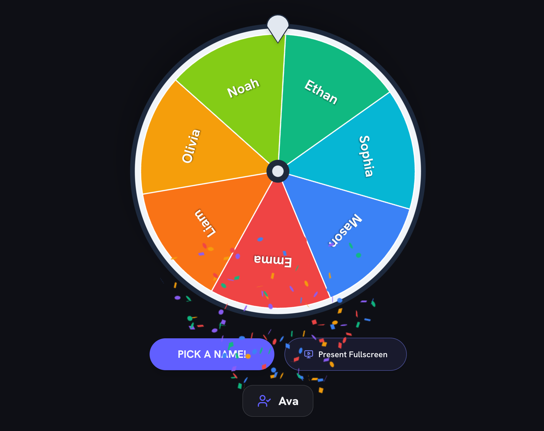The colourful random name picker wheel spinning to choose one student name at random