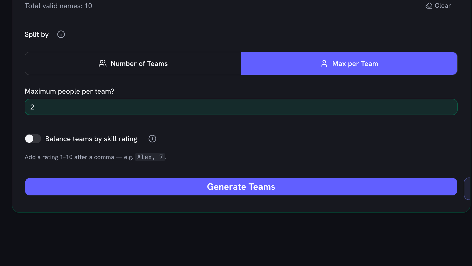 The Split by control set to "Max per Team", with the field below it asking for the maximum number of people per team