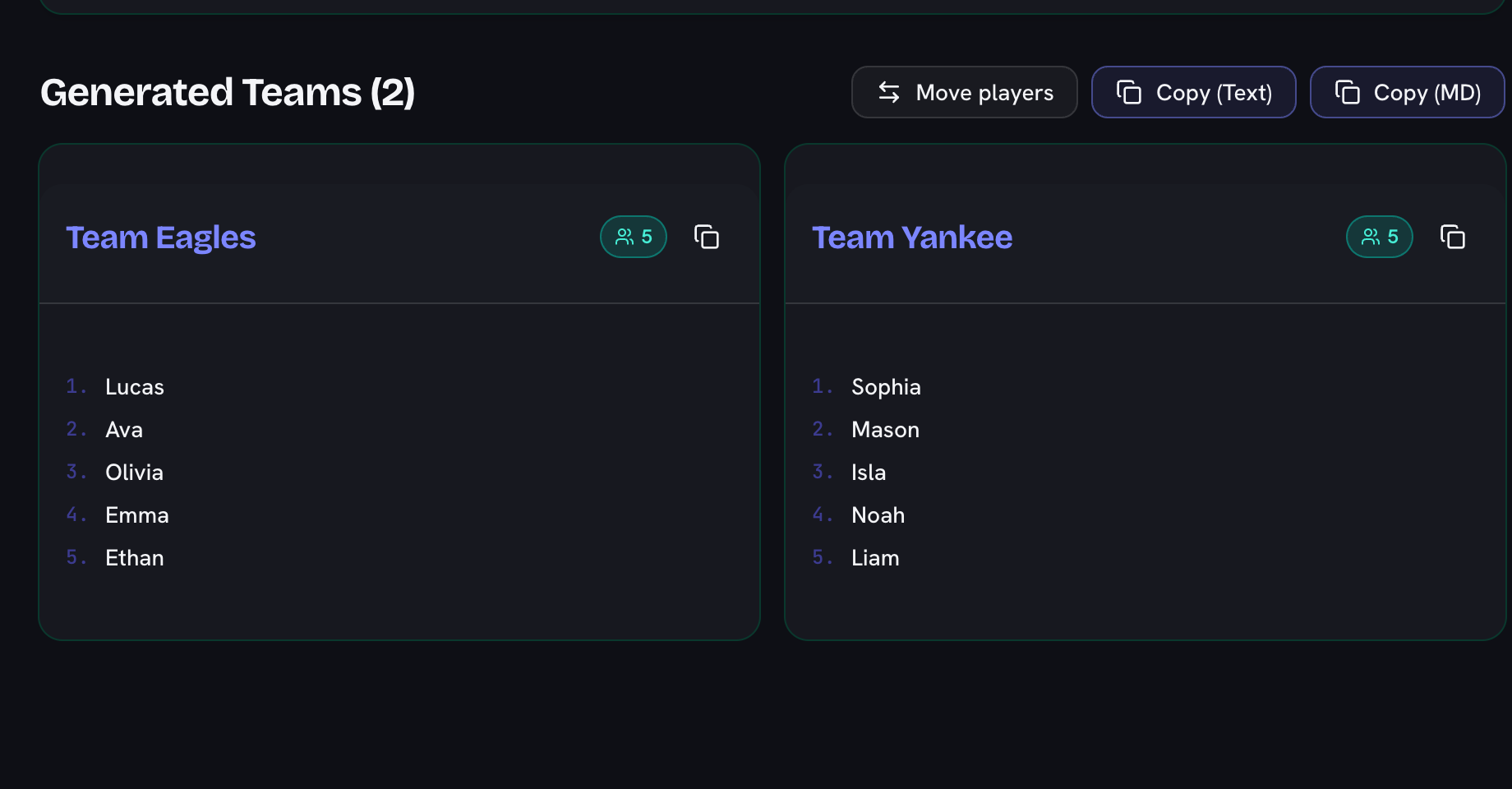 Ten names dealt into two even teams of five, Team Sierra and Team Uniform, with Move players and copy buttons above them