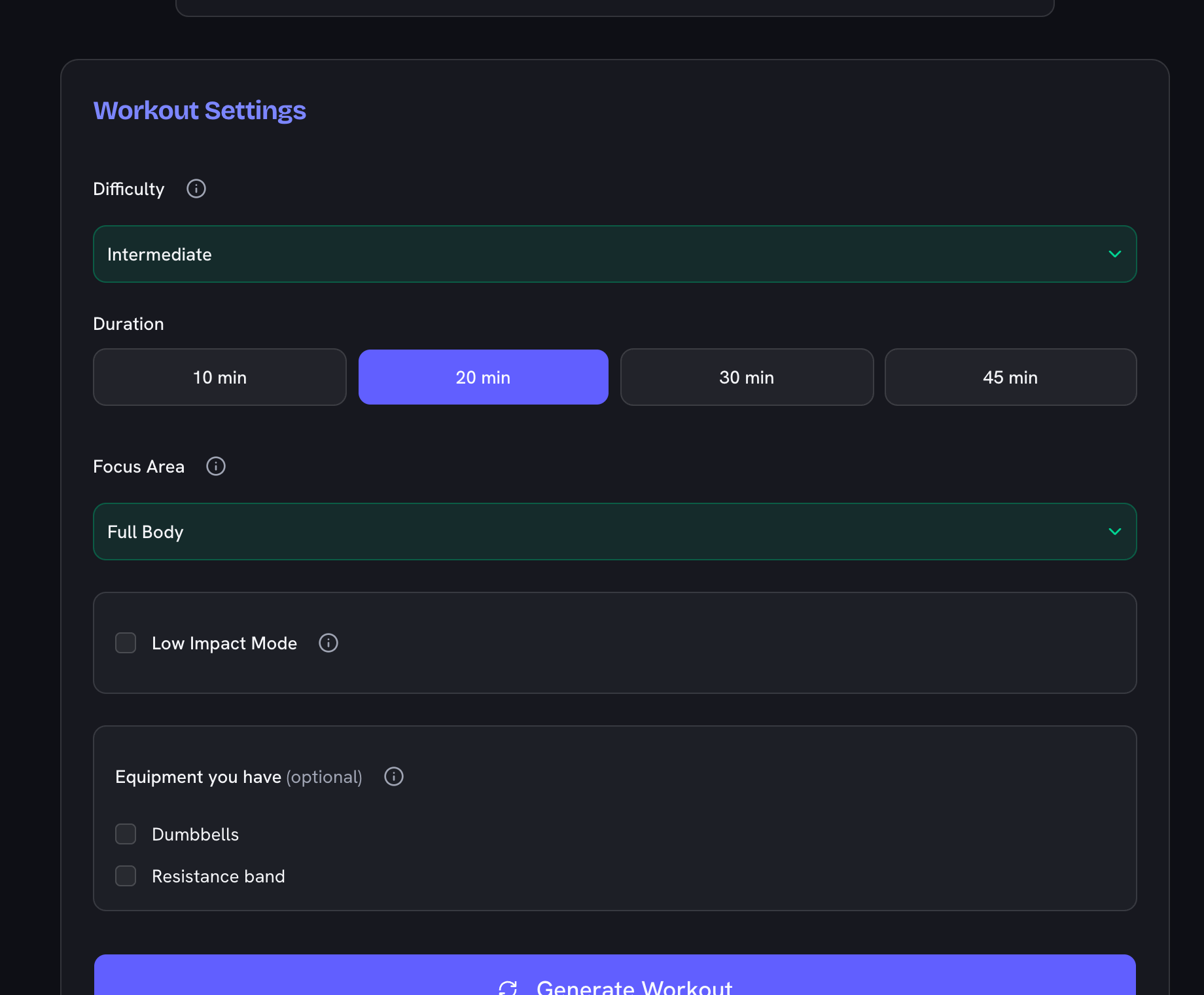 The random workout generator settings: difficulty, a 20 minute duration, focus area, low impact mode and the equipment checkboxes