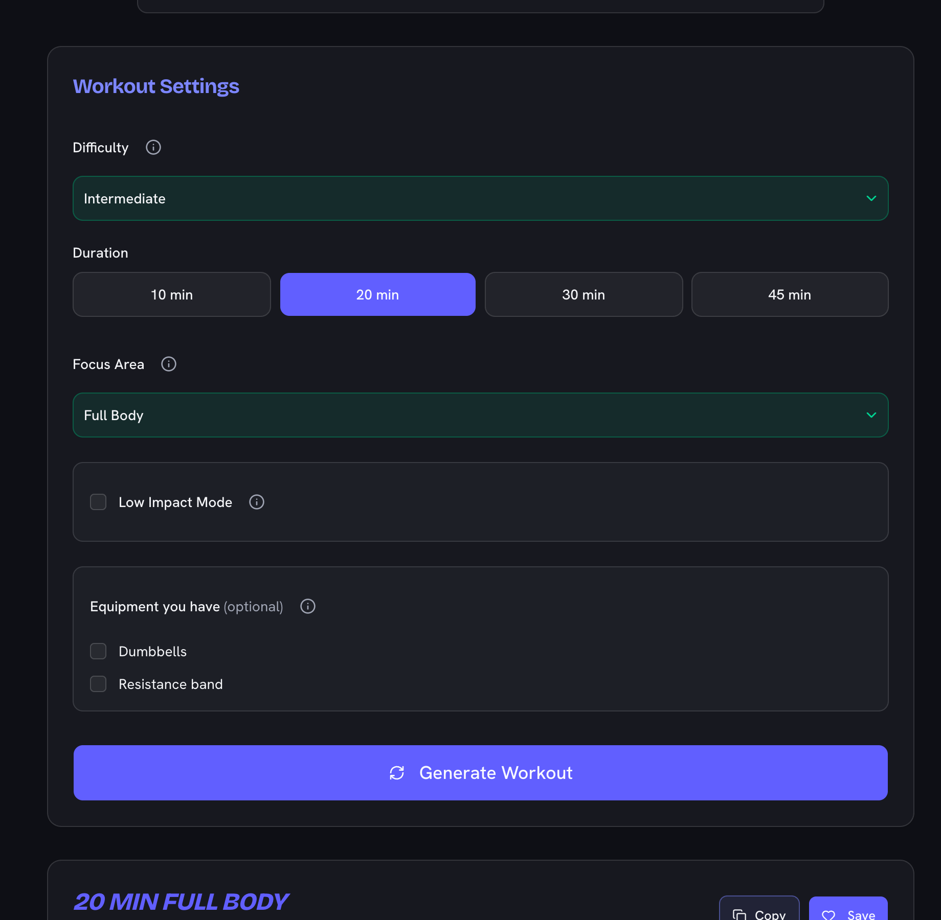 A generated bodyweight workout listing each exercise with its sets, reps and rest, and a swap button beside every movement