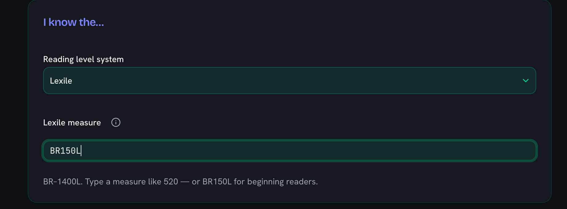 The Lexile measure box with BR150L typed into it, above the line explaining that the field takes BR–1400L