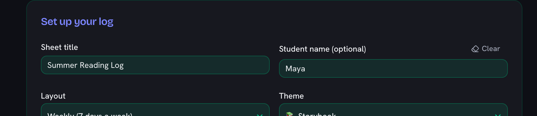 The title field reading Summer Reading Log beside a student name field holding Maya