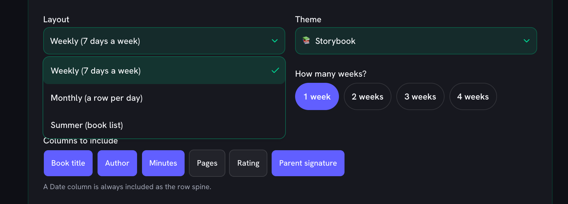 The layout list open on Weekly (7 days a week), Monthly (a row per day) and Summer (book list), with the Storybook theme beside it and the column chips underneath