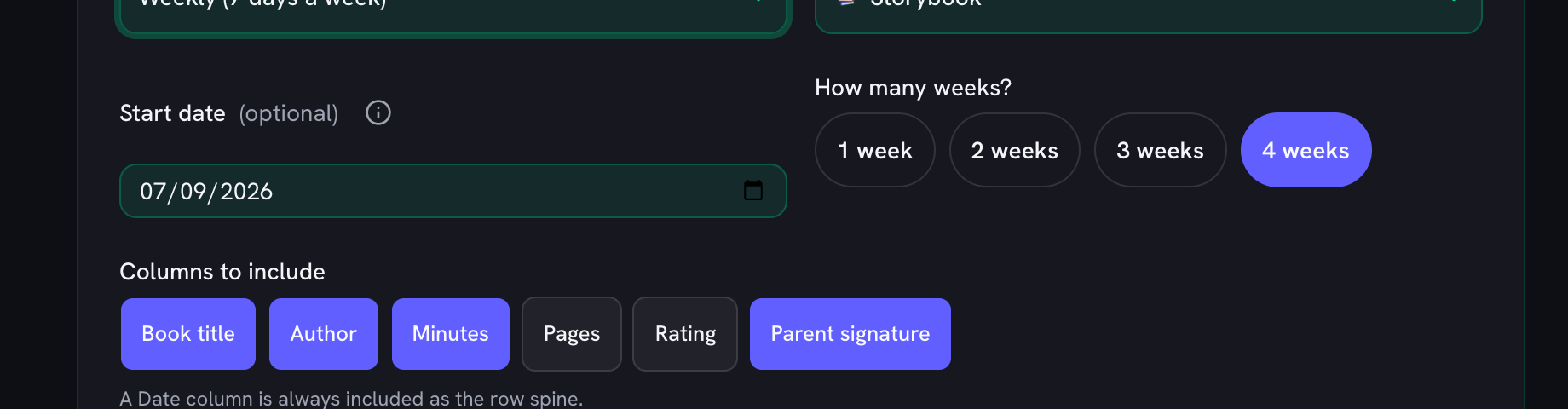 A start date of 7 September 2026 and 4 weeks selected, above the column chips with book title, author, minutes and parent signature switched on
