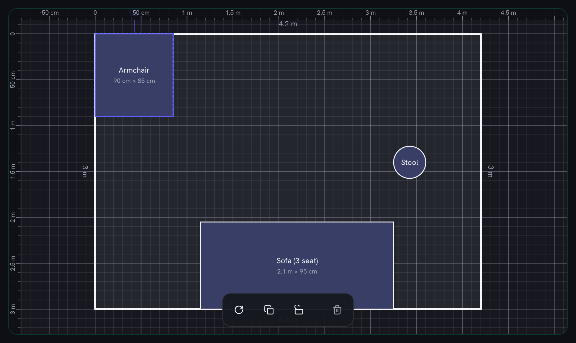 A 4.2 by 3 metre floor plan with a 3-seat sofa snapped flush against the bottom wall, a stool to its right and a rotated armchair sitting in the top-left corner, with the rotate, duplicate, lock and delete buttons showing for the selected piece
