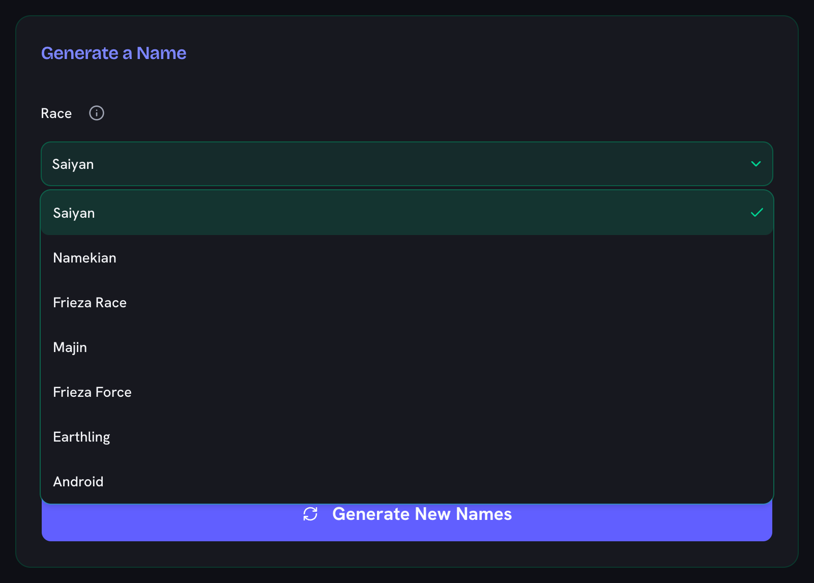 The Race dropdown open on the Saiyan name generator, listing all seven options — Saiyan, Namekian, Frieza Race, Majin, Frieza Force, Earthling and Android — with Saiyan selected