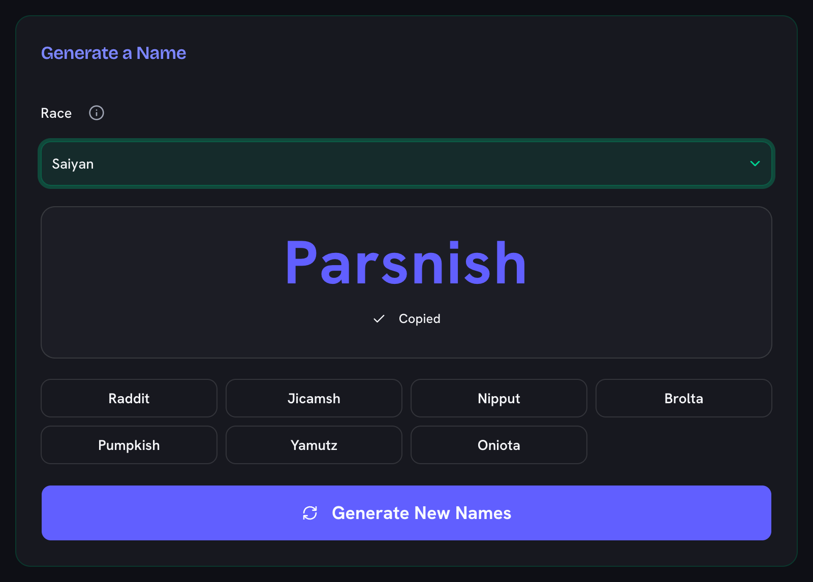 The featured Saiyan name Parsnish with its copy control showing the confirmed "Copied" state and a checkmark