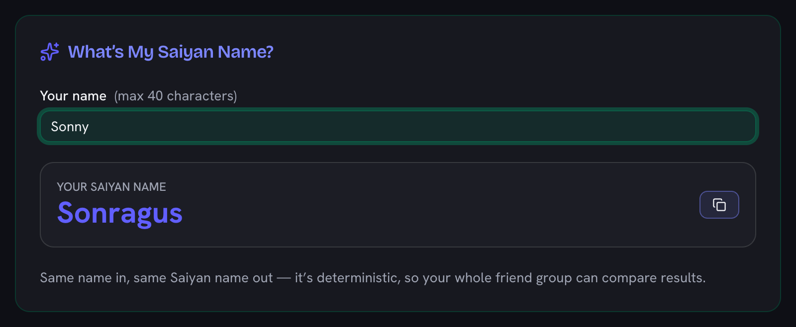 The What’s My Saiyan Name converter with the name Sonny typed in, returning the Saiyan name Sonragus
