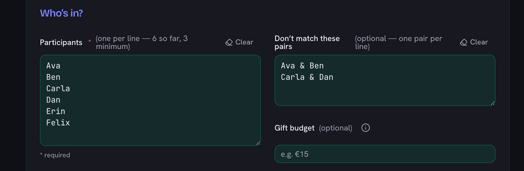 The exclusions box holding two couples, Ava & Ben and Carla & Dan, beside the list of participants
