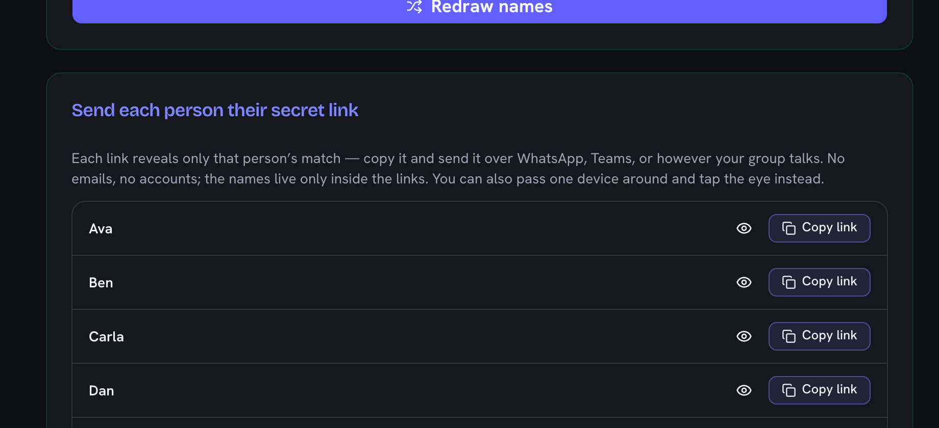 After the draw the button reads Redraw names and a new card appears headed Send each person their secret link, with a row per participant