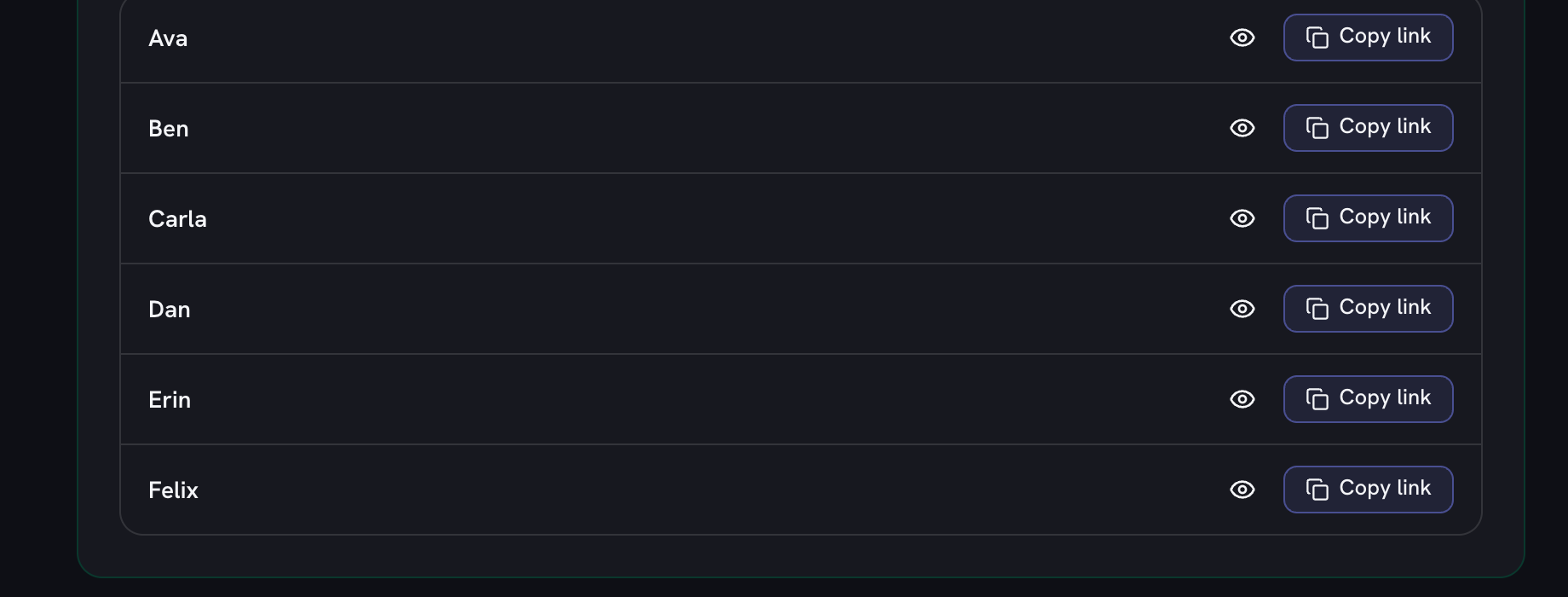 One row per person, each with an eye button and a Copy link button, and no match shown next to any of them