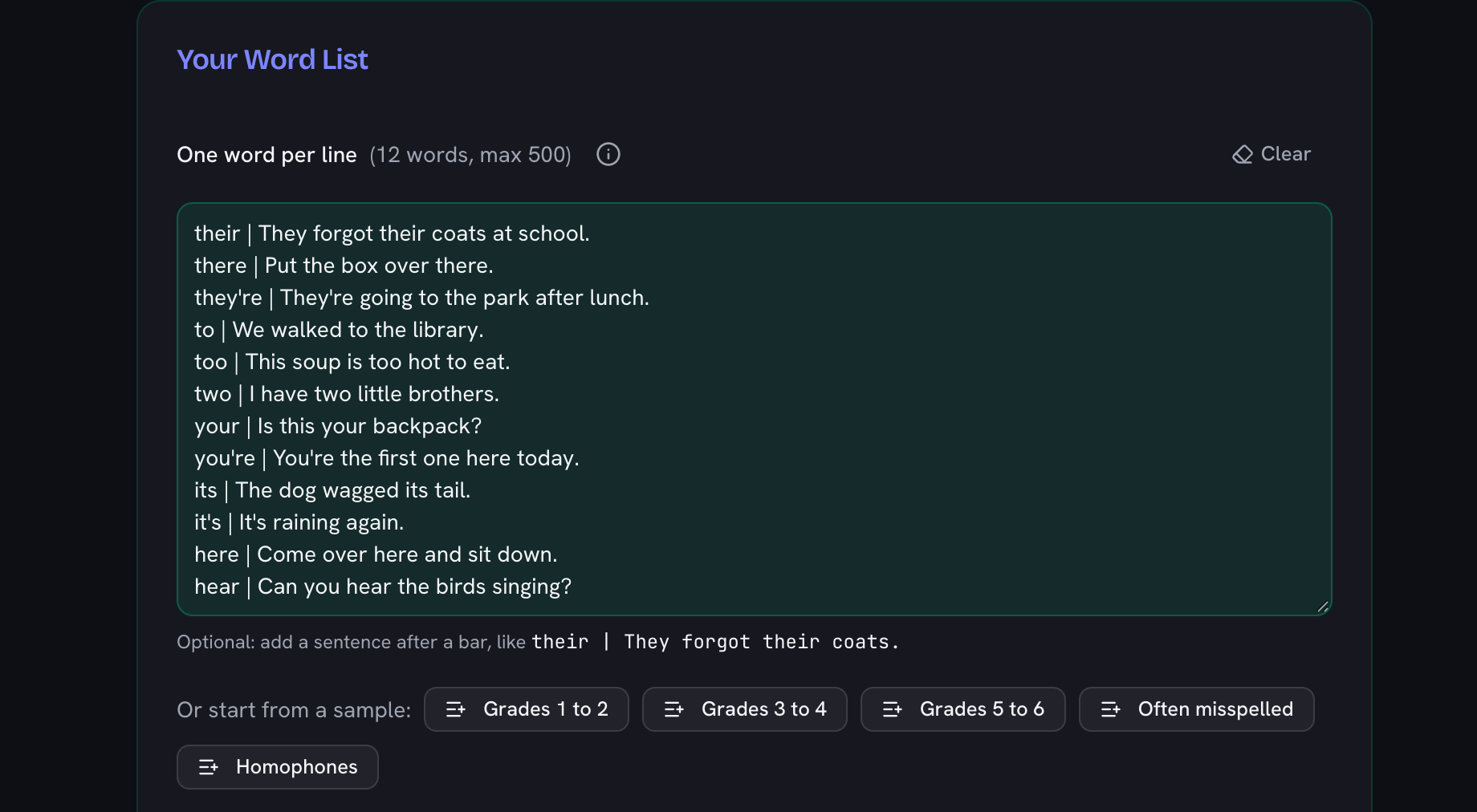 The word list box filled with the Homophones sample, each word followed by a bar and a sentence (their | They forgot their coats at school), above the sample list buttons