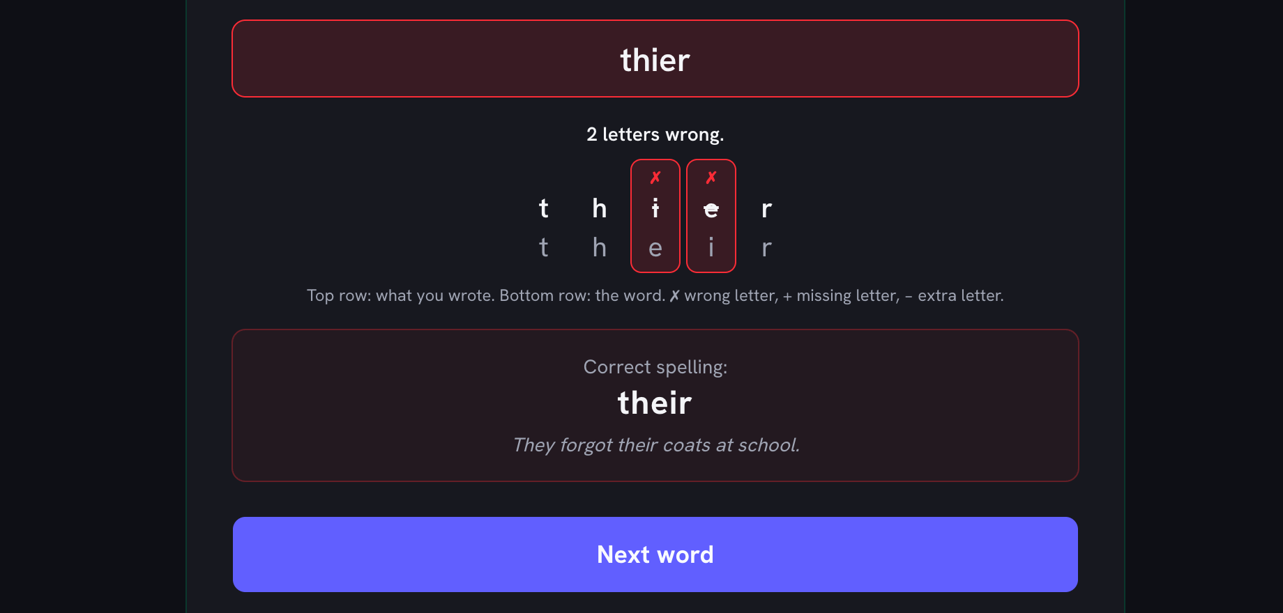 A missed answer, thier, checked letter by letter against their: the i and e are marked as 2 letters wrong, and the correct spelling shows with its sentence above the Next word button