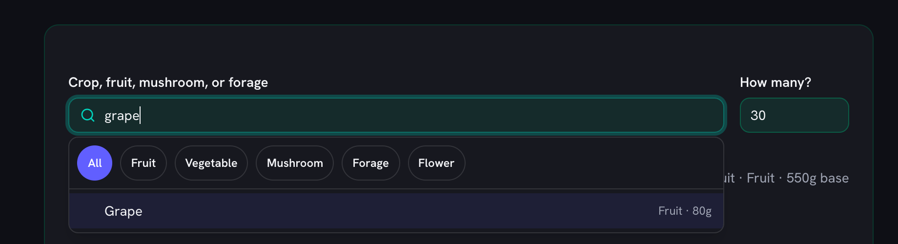 The crop finder open on a search for grape, with the category chips above the list and the Grape match showing its 80g base price