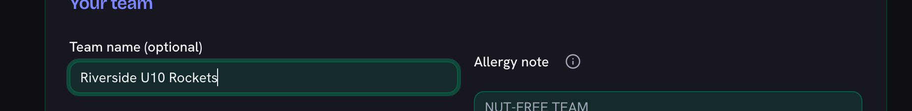 The team name field filled in with Riverside U10 Rockets, beside the still-empty allergy note field