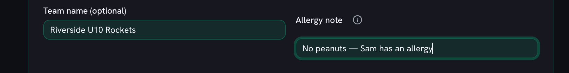 The allergy note field reading No peanuts — Sam has an allergy, beside the named team
