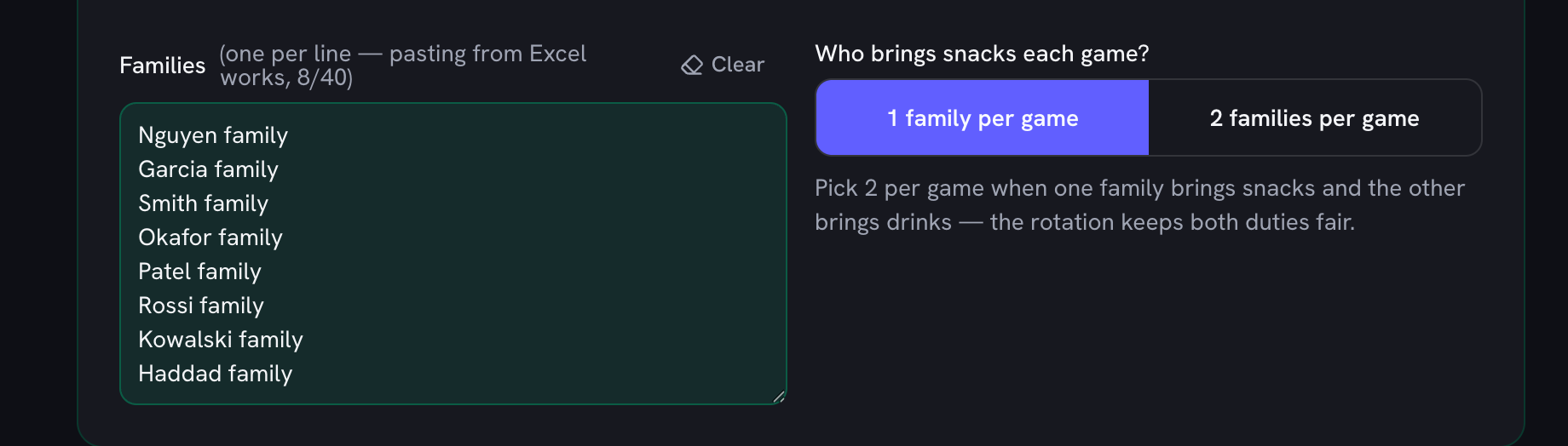 Eight families typed one per line, with the label counting 8 of 40 read, next to the choice of how many families bring snacks each game