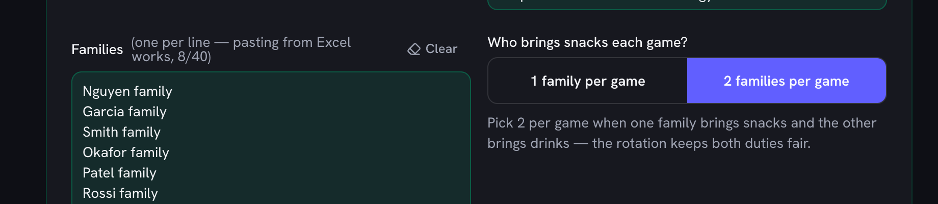 The two-families-per-game option selected, above the line explaining that two per game suits one family bringing snacks and the other drinks