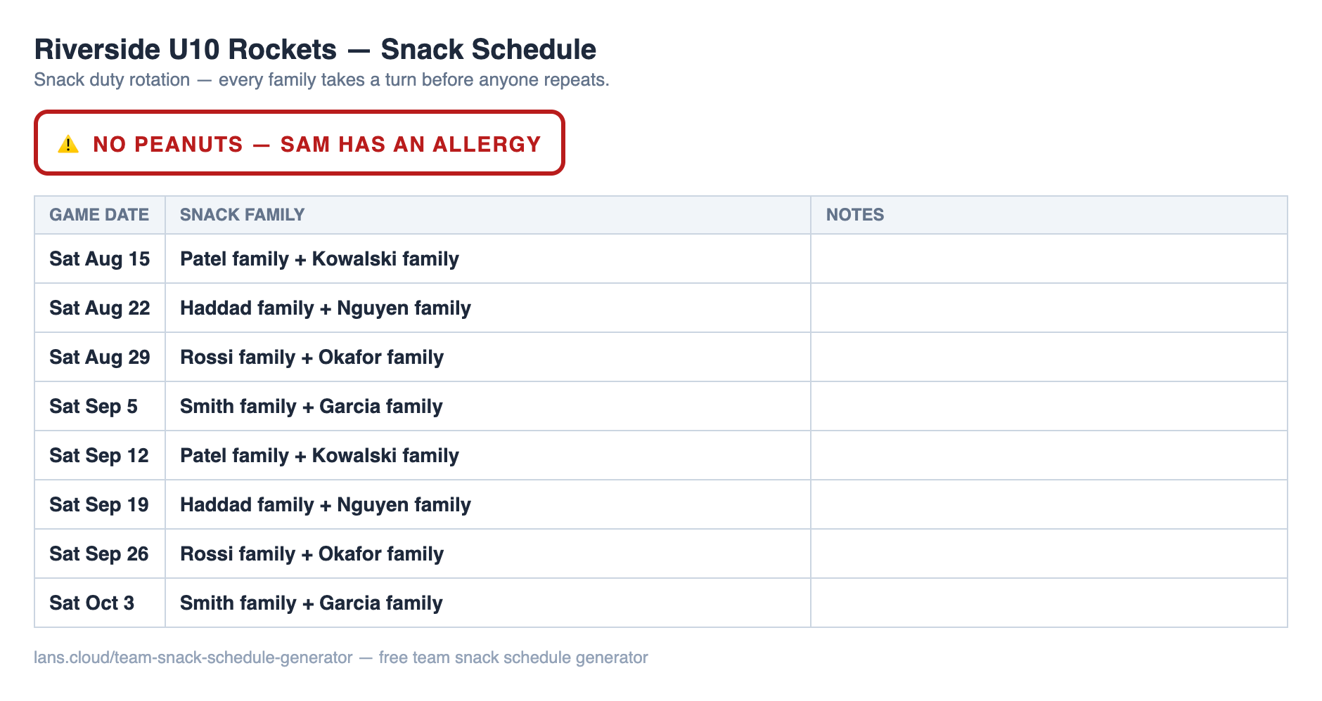 The printed schedule: the team name as a heading, the allergy warning boxed in red, and a table pairing each Saturday game date with the two families on snack duty