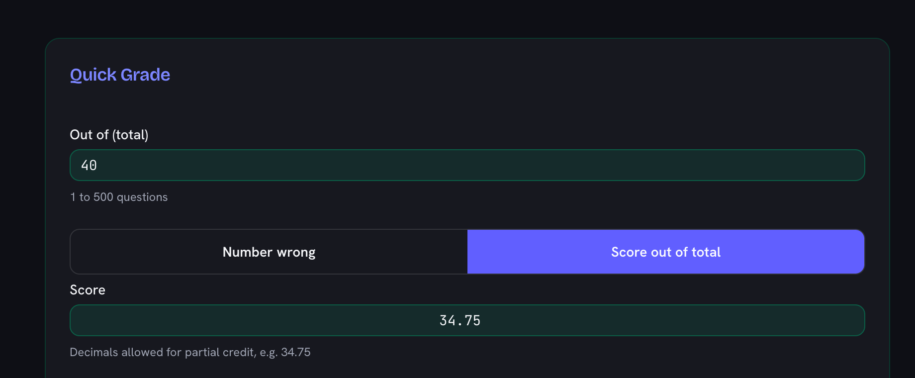 The input switched to Score out of total with 34.75 typed in, decimals kept for partial credit