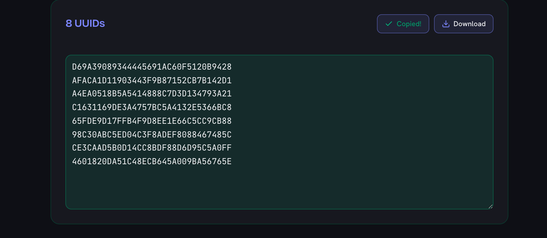 The results card after Copy all was pressed: the button now reads Copied! with a tick, beside the Download button, above the eight generated IDs