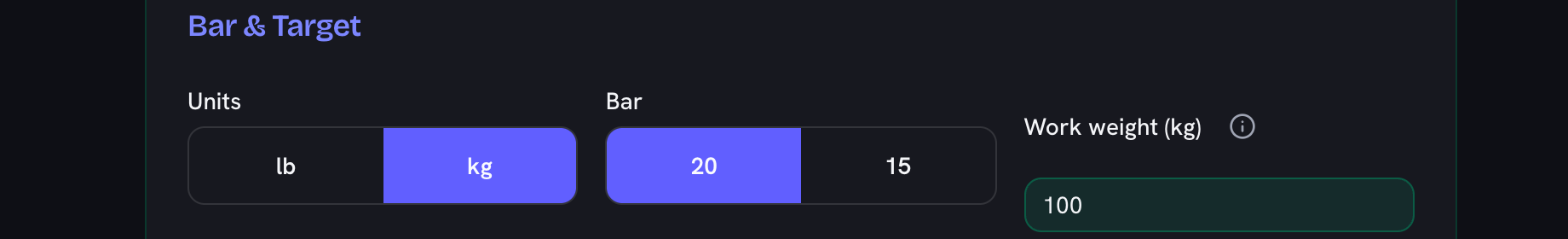 The units toggle switched to kg and the bar set to 20, with the work weight field beside them