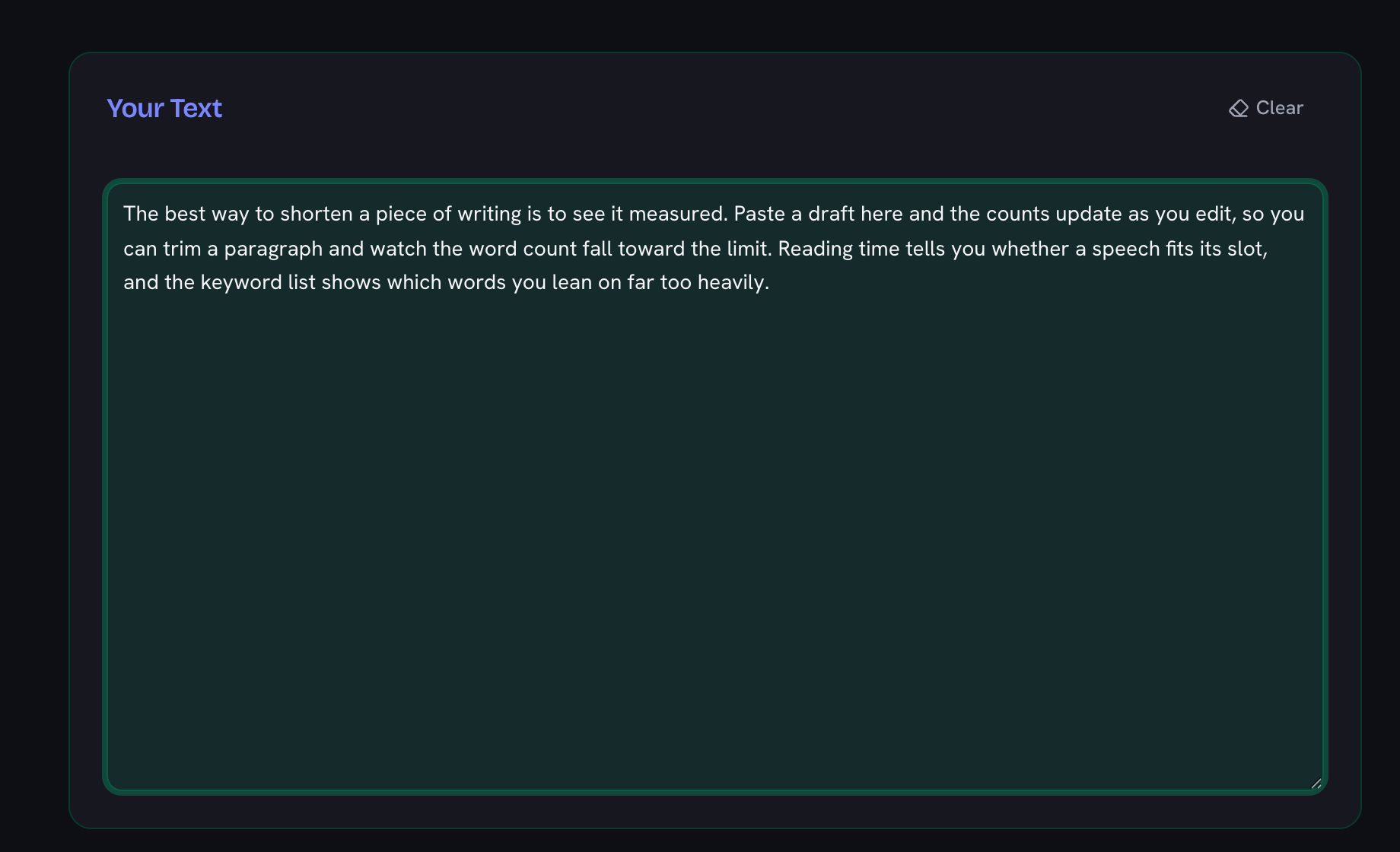 The word counter text box with a short paragraph pasted into it, ready to be measured